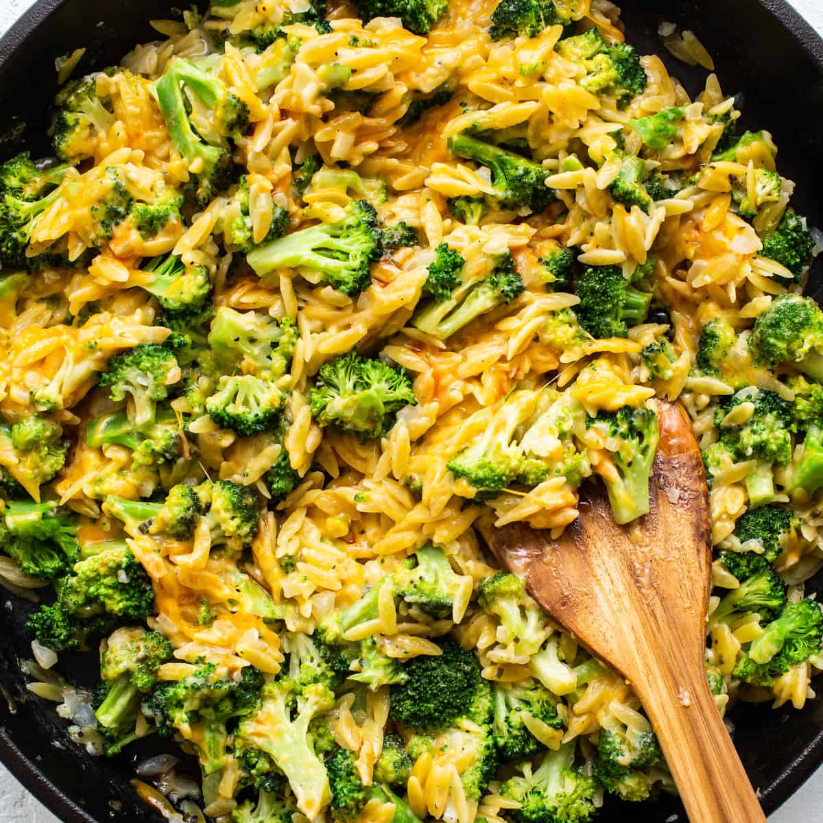 Skillet Broccoli Orzo: Fresh Florets, Toasted Noodles & Cheese Sauce